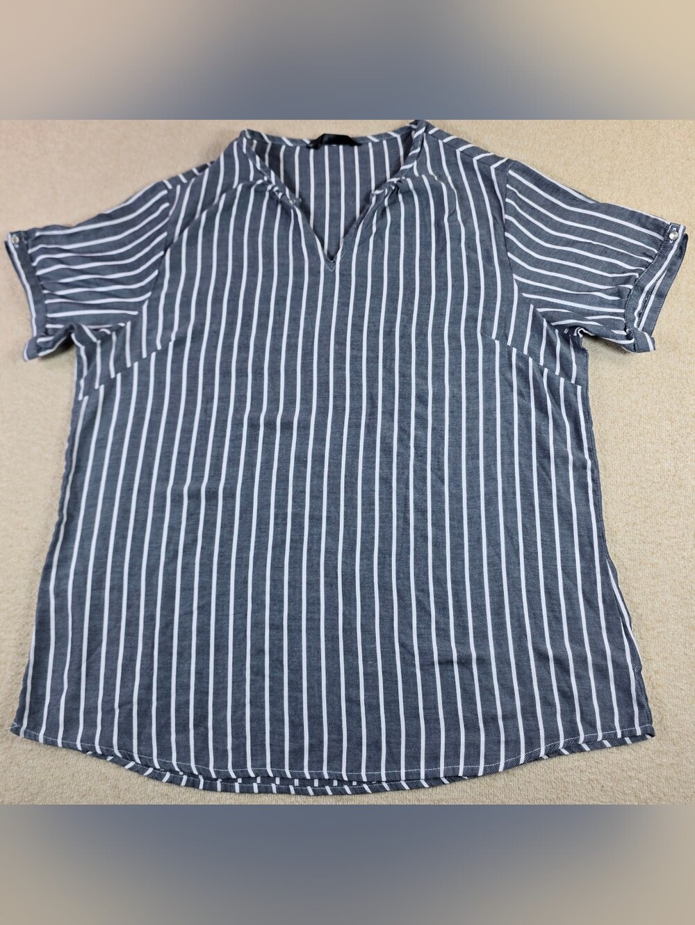 Riders by Lee Womens XL Gray White Striped Blouse Short Sleeve Top